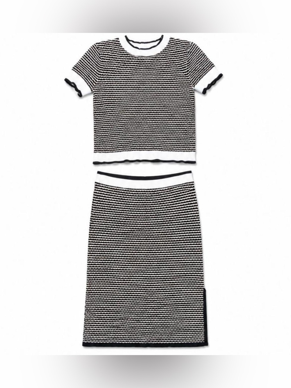Rafaella Black, White, light orange, and tan Striped Knit Two-Piece Set